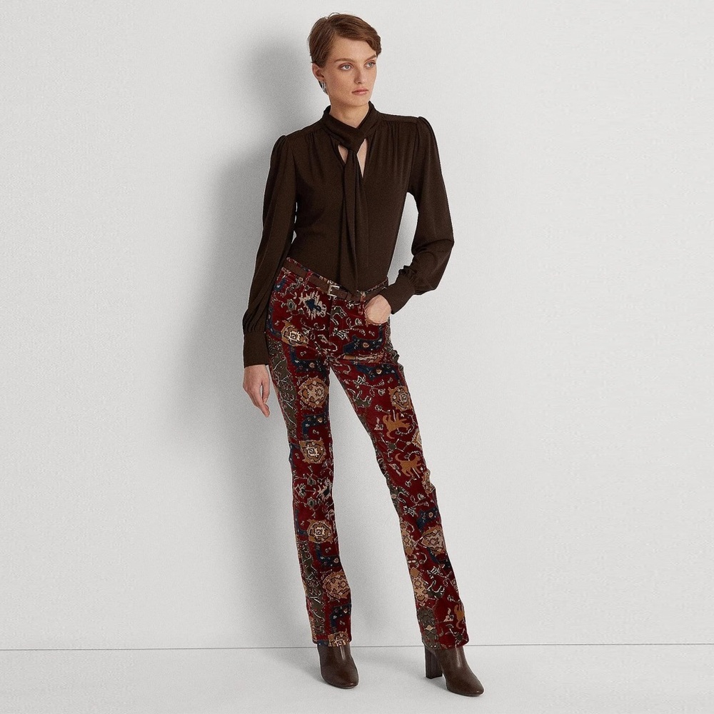 LAUREN Ralph Lauren Brown Blouse with Red Patterned Boot-Cut Pants